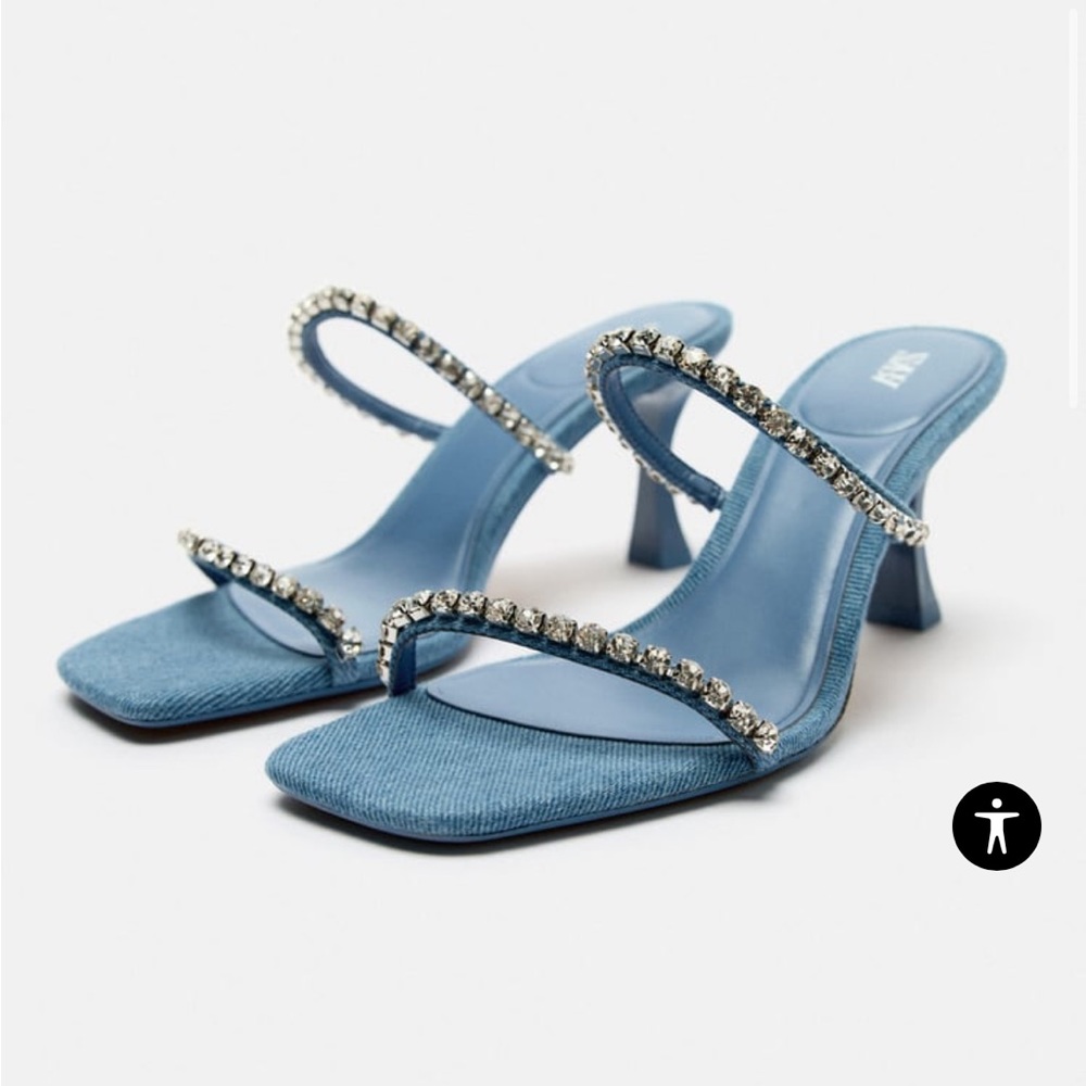 Denim rhinestone heeled sandals mules